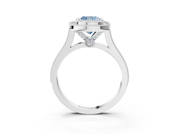 Platinum Fancy Blue Cushion  Diamond Halo Ring with Milgrain Frame and Pavé Band