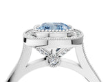 White gold Fancy Blue Cushion  Diamond Halo Ring with Milgrain Frame and Pavé Band_76