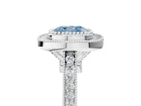 White gold Fancy Blue Cushion  Diamond Halo Ring with Milgrain Frame and Pavé Band_76