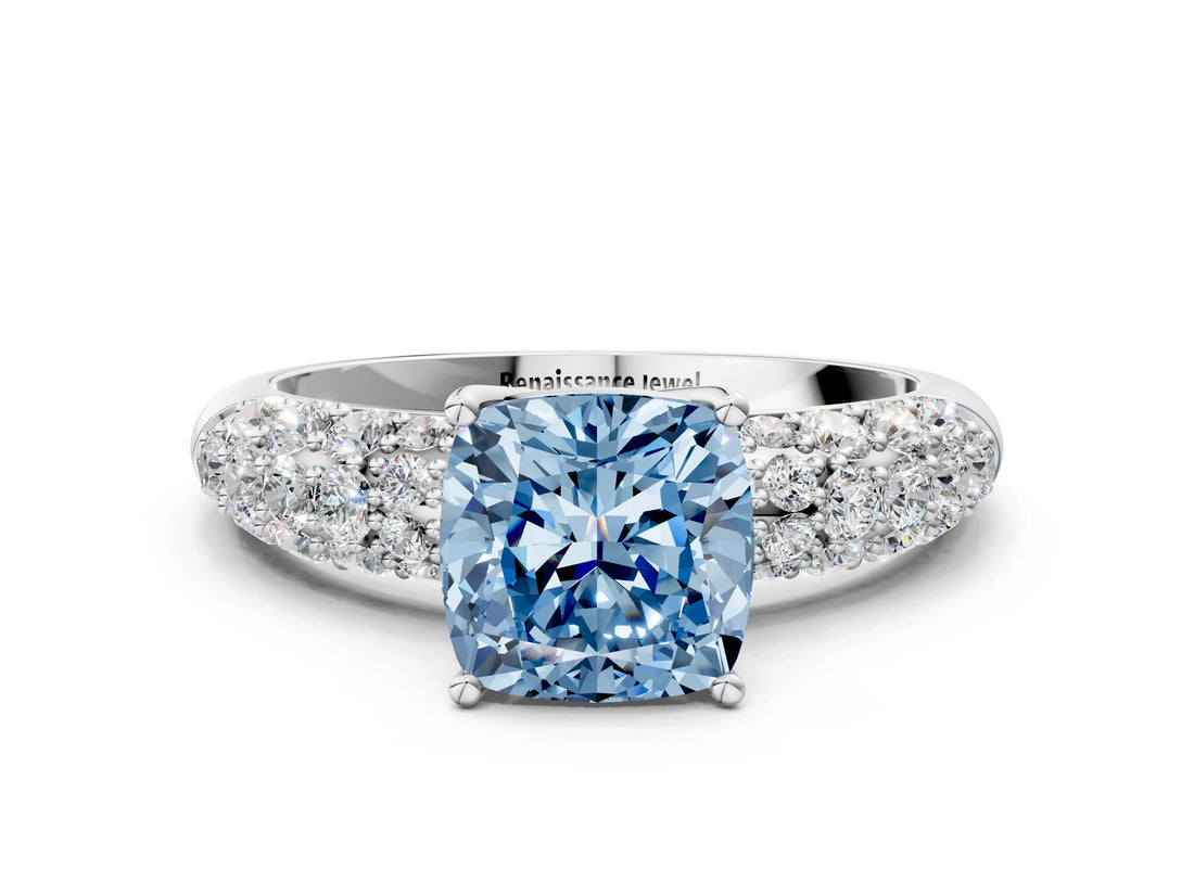 White gold Fancy Blue Cushion  Diamond Pavé Band Solitaire Ring with Four-Prong Setting_50