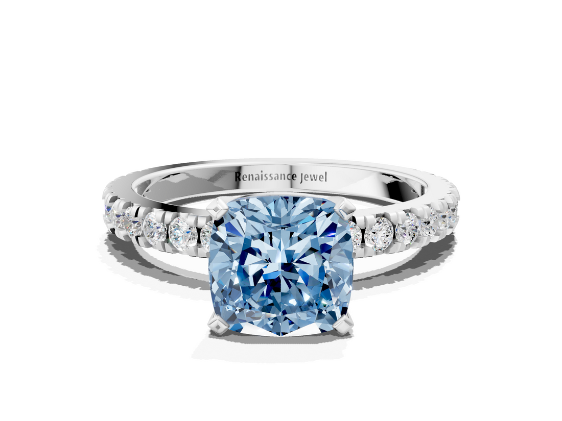 White gold Fancy Blue Cushion  Diamond Pavé Band Solitaire with Four-Prong Setting_210