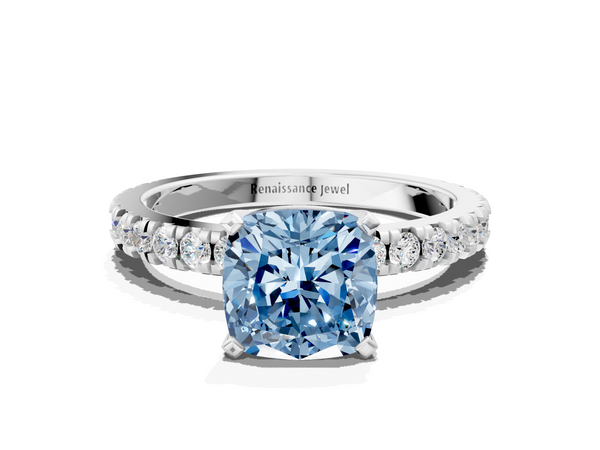 Platinum Fancy Blue Cushion  Diamond Pavé Band Solitaire with Four-Prong Setting