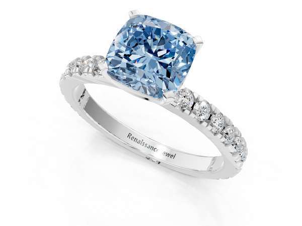 Platinum Fancy Blue Cushion  Diamond Pavé Band Solitaire with Four-Prong Setting