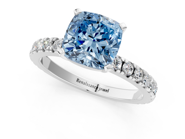 Platinum Fancy Blue Cushion  Diamond Pavé Band Solitaire with Four-Prong Setting