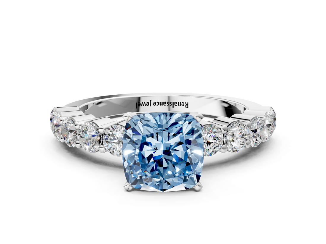 White gold Fancy Blue Cushion  Diamond Pavé Band Solitaire with Four-Prong Setting_3