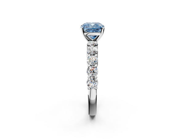 Platinum Fancy Blue Cushion  Diamond Solitaire Ring with Shared Prong Round Side Stones
