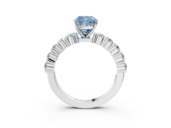 Platinum Fancy Blue Cushion  Diamond Solitaire Ring with Shared Prong Round Side Stones