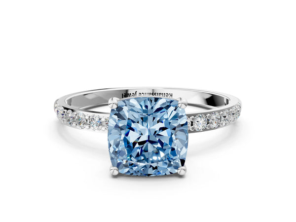 Platinum Fancy Blue Cushion  Diamond Pavé Band with Six-Prong Setting