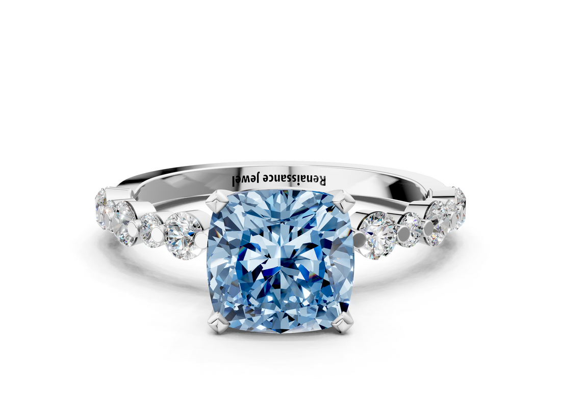 White gold Fancy Blue Cushion  Diamond Prong Set Engagement Ring with Pave Band_204