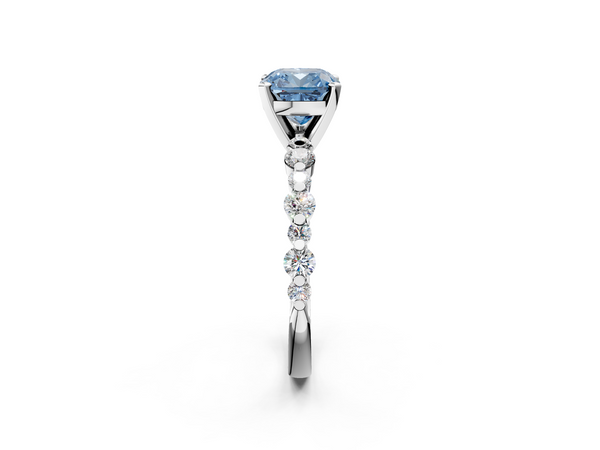 White gold Fancy Blue Cushion Cut Diamond Prong Set Engagement Ring with Pavé Band