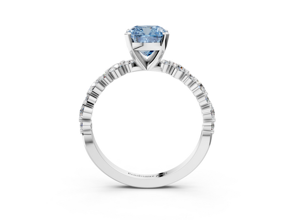 White gold Fancy Blue Cushion Cut Diamond Prong Set Engagement Ring with Pavé Band