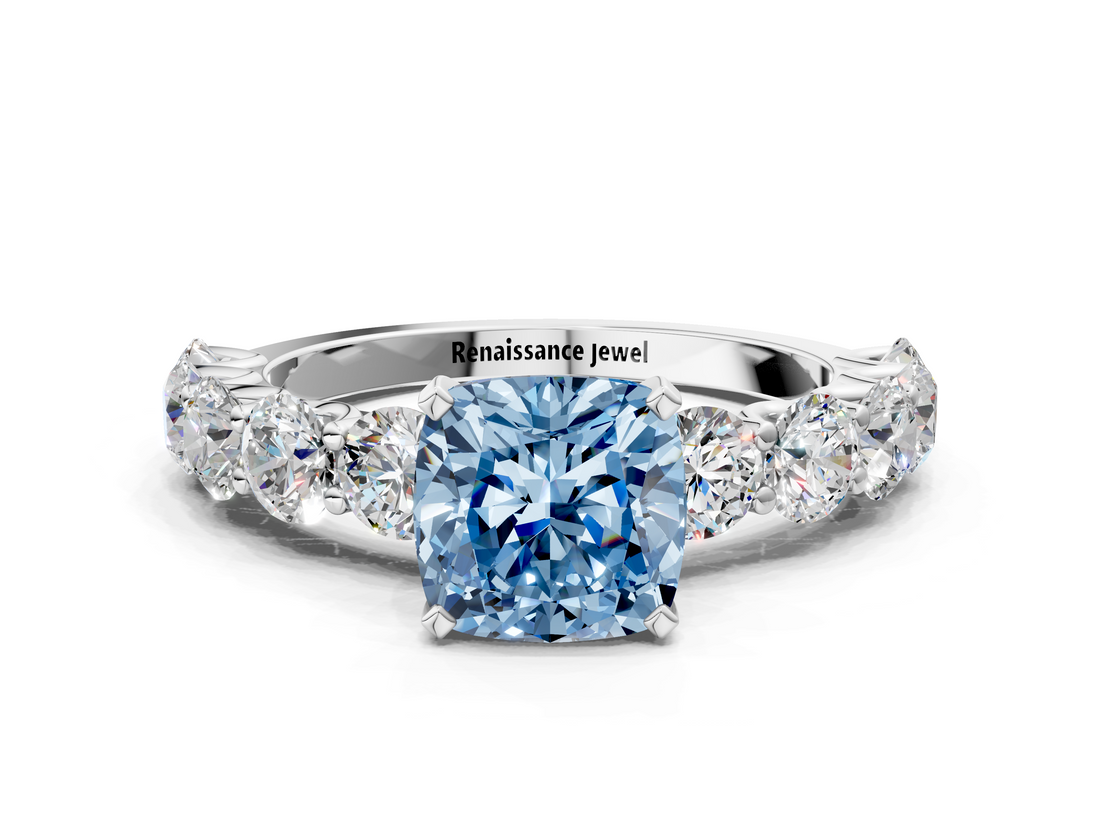 White gold Fancy Blue Cushion  Diamond Prong Setting with Side Stones on a Pave Band_141