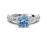 White gold Fancy Blue Cushion  Diamond Prong Setting with Side Stones on a Pave Band_141