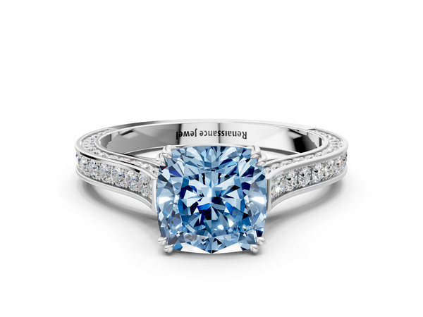 White gold Fancy Blue Cushion  Diamond Solitaire with Pave Band and Six-Prong Setting