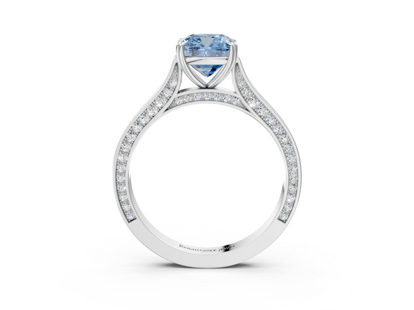 White gold Fancy Blue Cushion  Diamond Solitaire with Pave Band and Six-Prong Setting