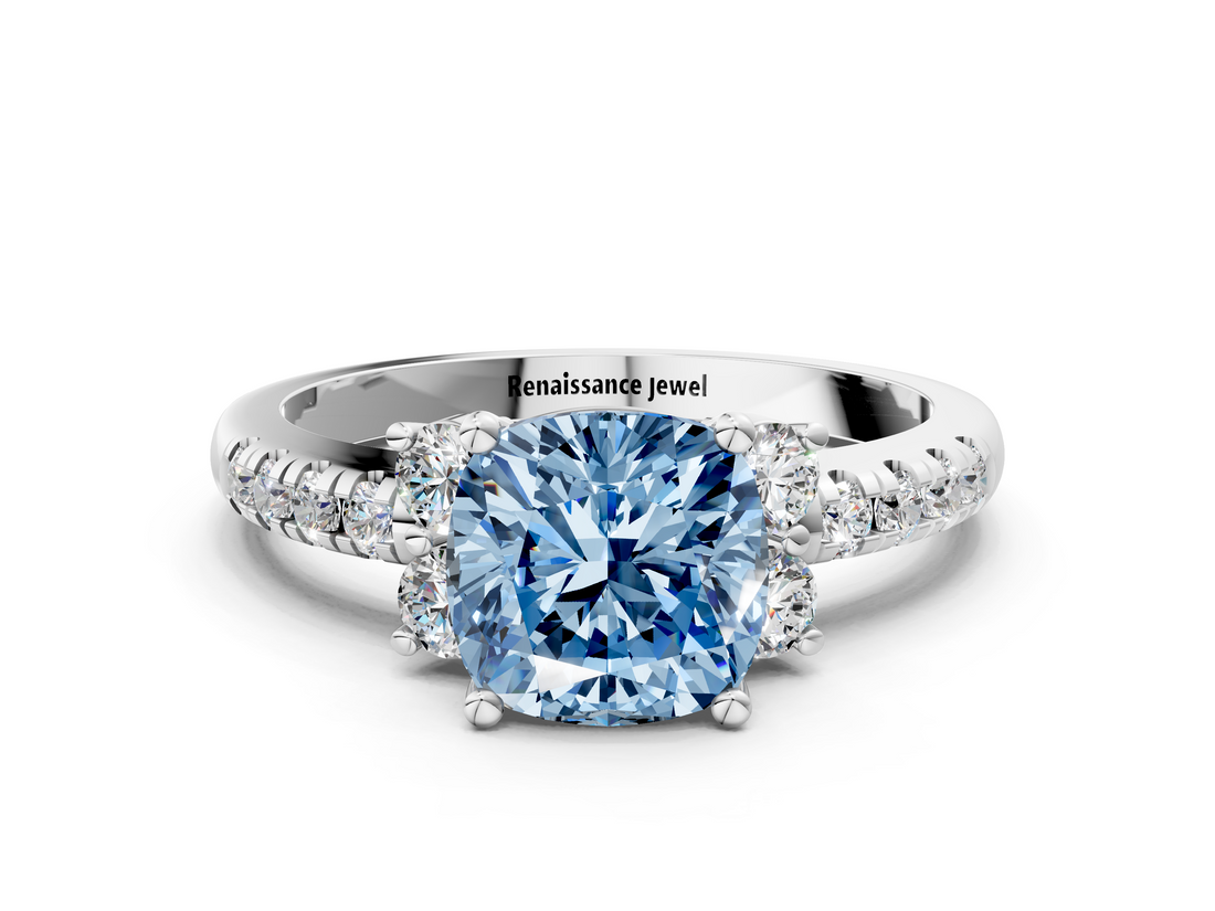 White gold Fancy Blue Cushion  Diamond Three-Stone Pave Band with Four-Prong Setting_20