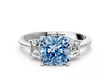 White gold Fancy Blue Cushion  Diamond Three-Stone Ring with Trapezoid Side Stones and Prong Setting_33