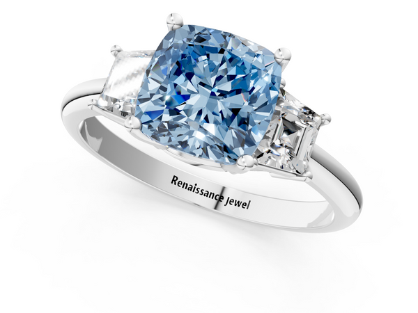White gold Fancy Blue Cushion  Diamond Three-Stone Ring with Trapezoid Side Stones and Prong Setting