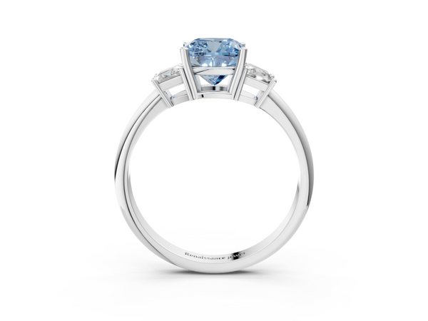 White gold Fancy Blue Cushion  Diamond Three-Stone Ring with Trapezoid Side Stones and Prong Setting