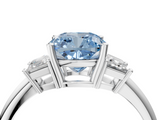 White gold Fancy Blue Cushion  Diamond Three-Stone Ring with Trapezoid Side Stones and Prong Setting_38