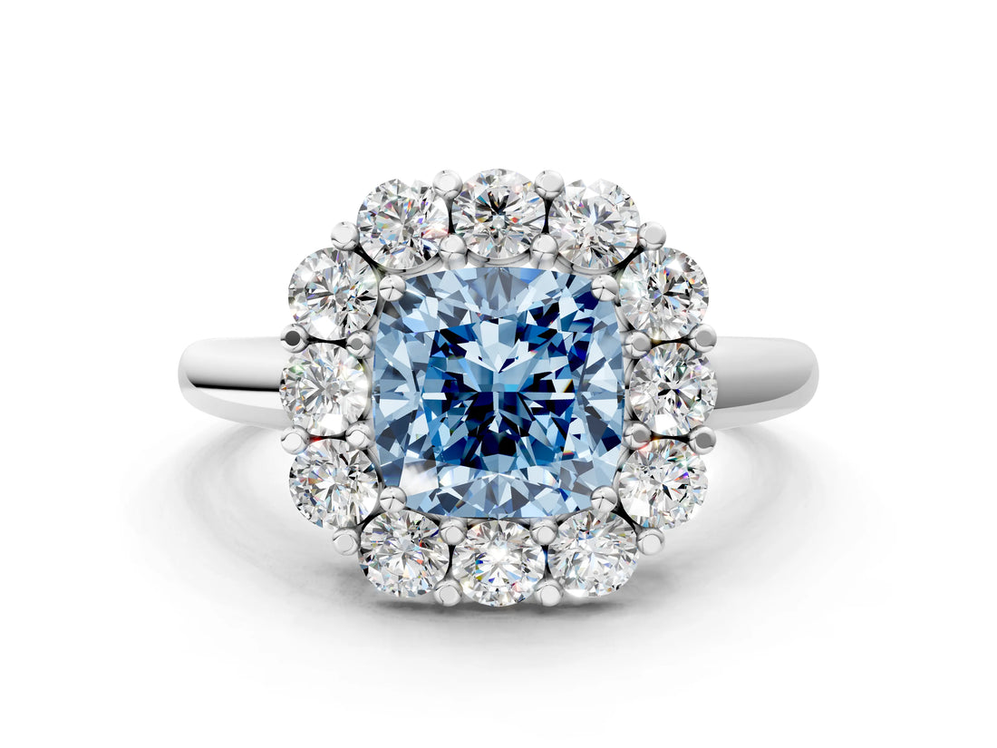 White gold Fancy Blue Cushion  Halo Cluster Diamond Engagement Ring with Prong Setting and Polished Band_39