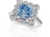 White gold Fancy Blue Cushion  Halo Diamond Cluster Engagement Ring with Milgrain Bezel Setting and Solitaire Band_52