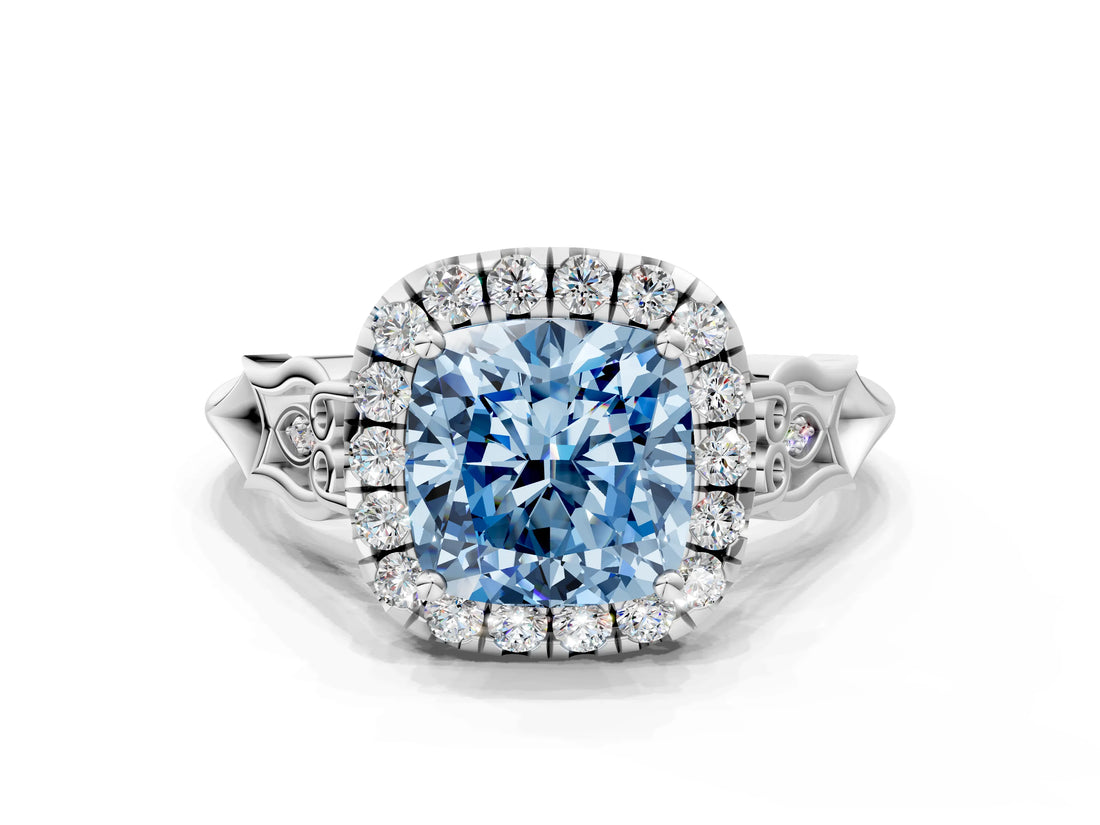 White gold Fancy Blue Cushion  Halo Diamond Engagement Ring with Filigree Band and Four-Prong Setting_105