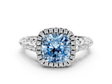 White gold Fancy Blue Cushion  Halo Diamond Engagement Ring with Intricate Filigree Band and Four-Prong Setting_37
