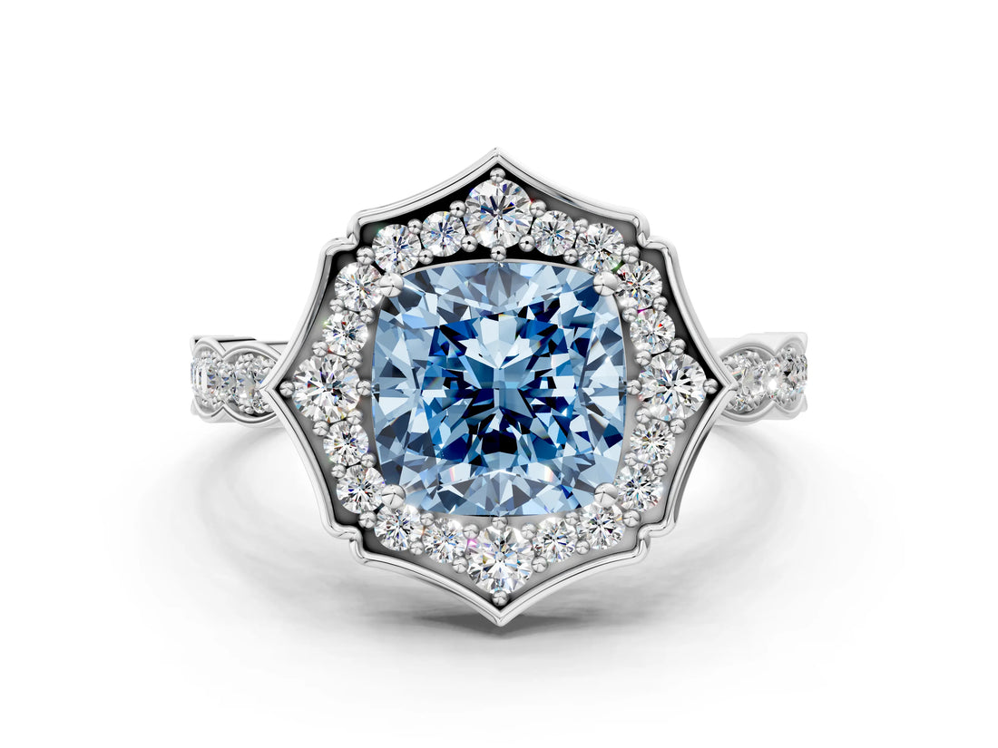 White gold Fancy Blue Cushion  Halo Diamond Engagement Ring with Milgrain Band and Four-Prong Setting_66