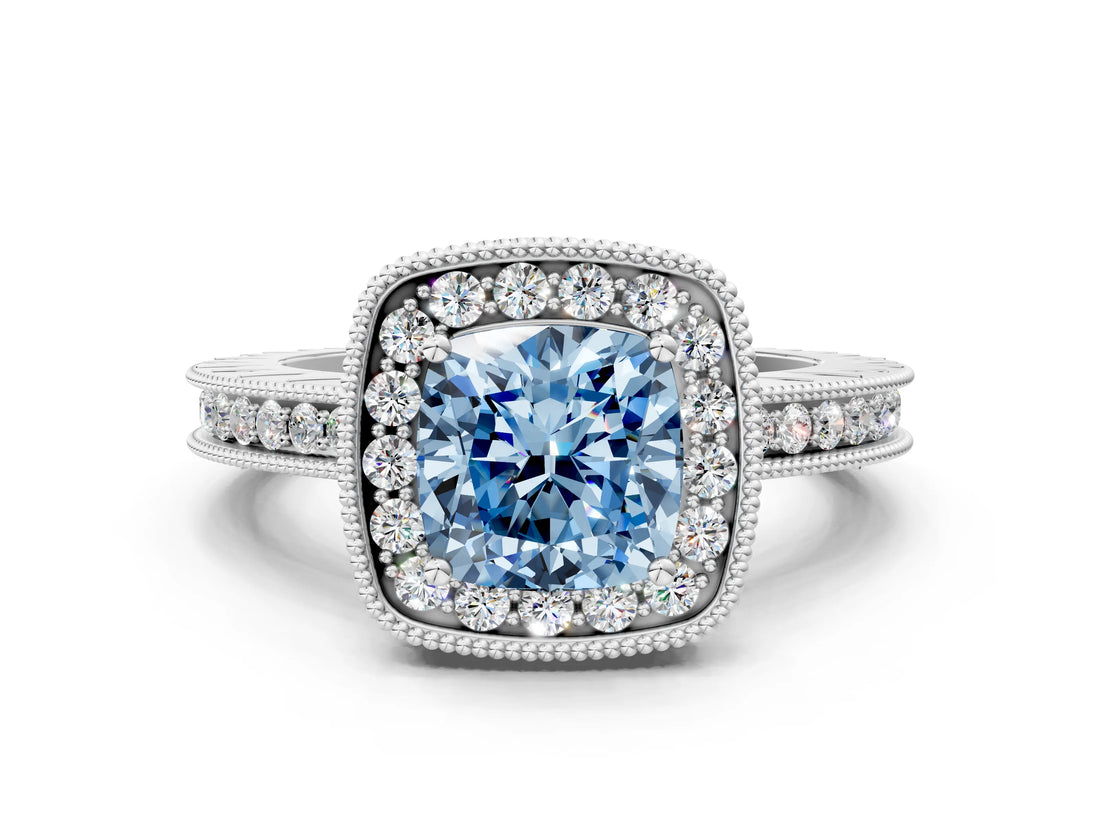White gold Fancy Blue Cushion  Halo Diamond Engagement Ring with Milgrain Pave Band and Four-Prong Setting_183