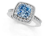 White gold Fancy Blue Cushion  Halo Diamond Engagement Ring with Milgrain Pave Band and Four-Prong Setting_184