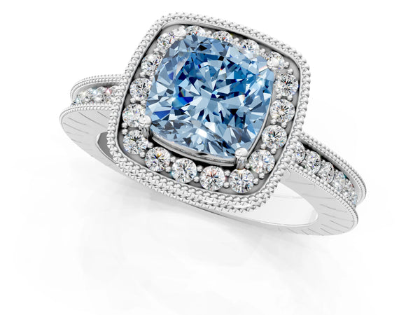 Platinum Fancy Blue Cushion  Halo Diamond Engagement Ring with Milgrain Pave Band and Four-Prong Setting