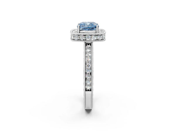 Platinum Fancy Blue Cushion  Halo Diamond Engagement Ring with Milgrain Pave Band and Four-Prong Setting