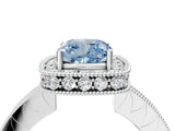 White gold Fancy Blue Cushion  Halo Diamond Engagement Ring with Milgrain Pave Band and Four-Prong Setting_187