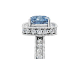 White gold Fancy Blue Cushion  Halo Diamond Engagement Ring with Milgrain Pave Band and Four-Prong Setting_188