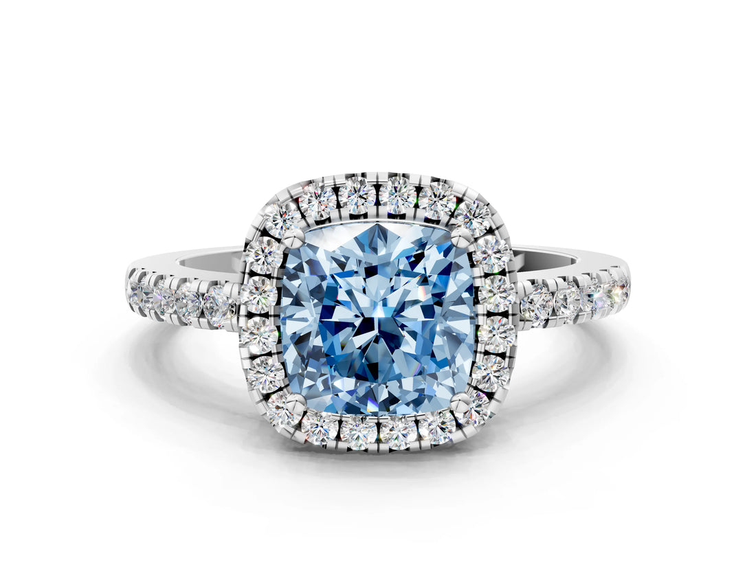 White gold Fancy Blue Cushion  Halo Diamond Engagement Ring with Pavé Band and Four-Prong Setting_69