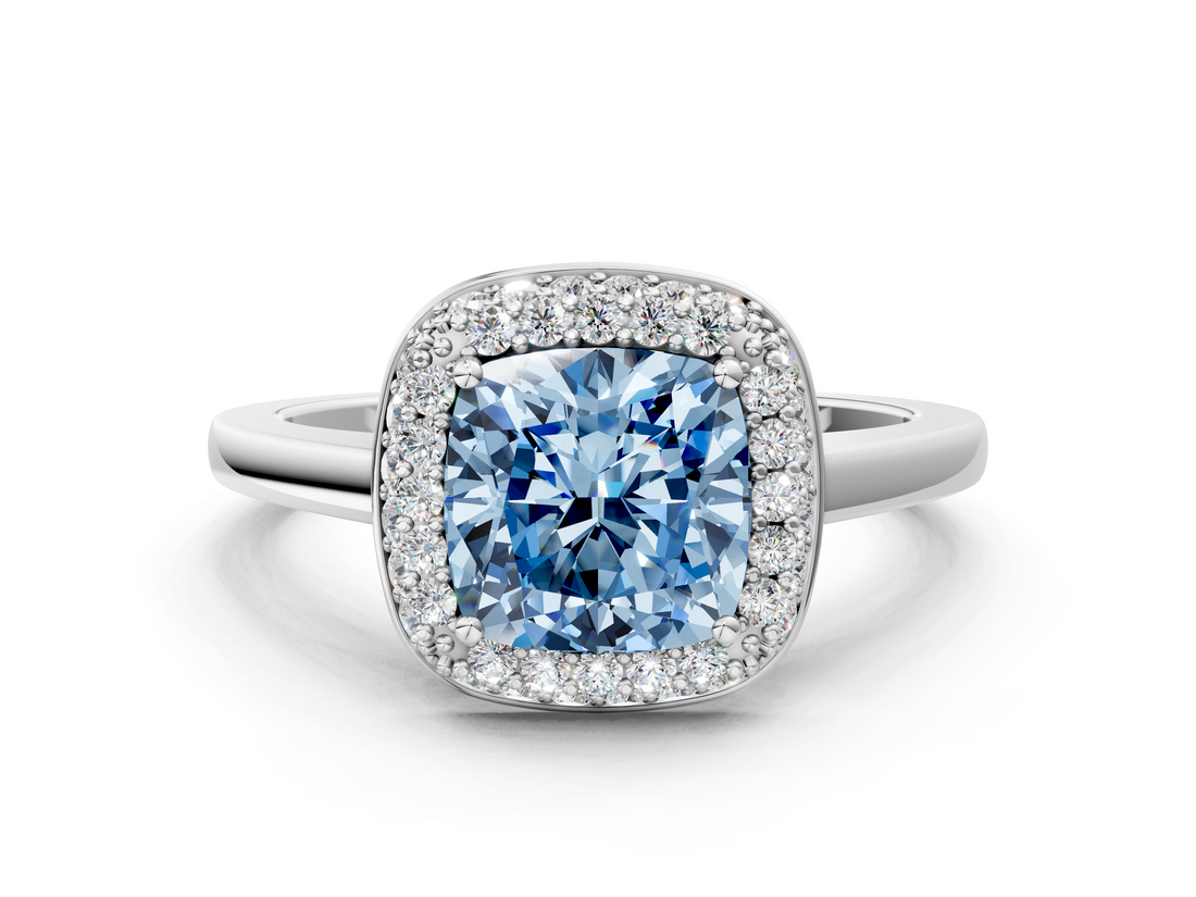White gold Fancy Blue Cushion  Halo Diamond Engagement Ring with Solitaire Band and Four-Prong Setting_20