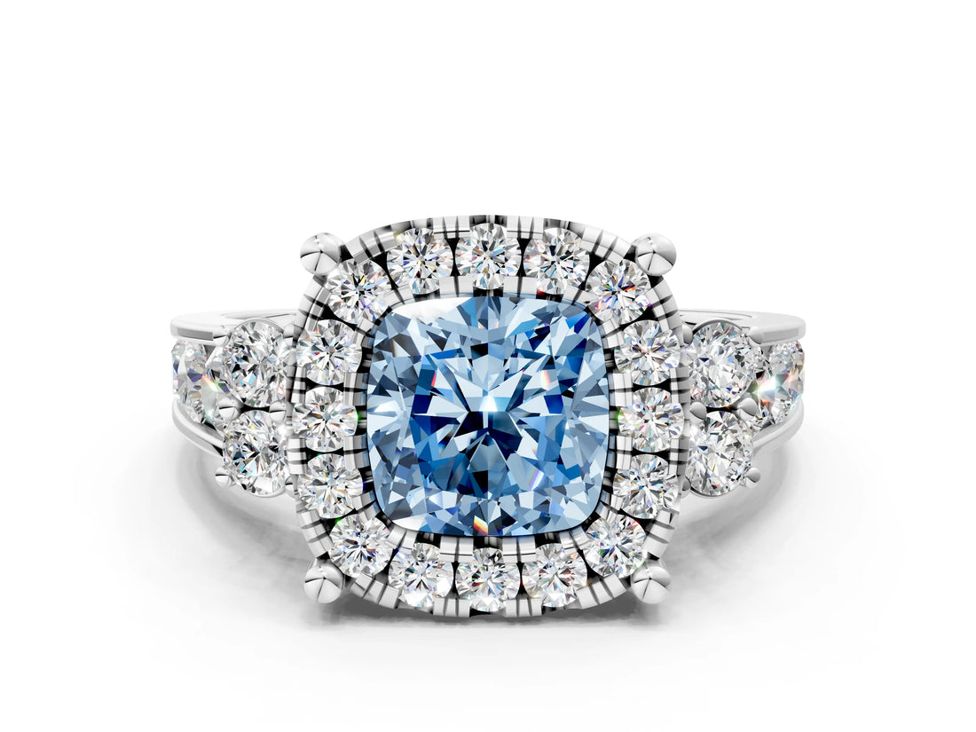 White gold Fancy Blue Cushion  Halo Diamond Engagement Ring with Split Shank and Four-Prong Setting_54