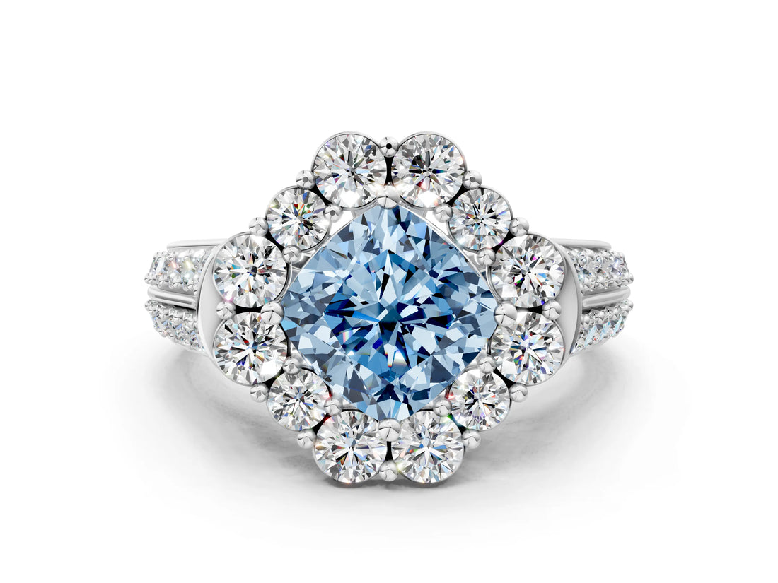 White gold Fancy Blue Cushion  Halo Diamond Engagement Ring with Split Shank and Prong Setting_78