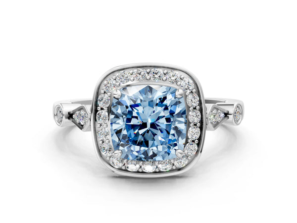 White gold Fancy Blue Cushion  Halo Diamond Engagement Ring with Twisted Band and Four-Prong Setting