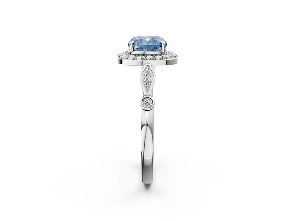 White gold Fancy Blue Cushion  Halo Diamond Engagement Ring with Twisted Band and Four-Prong Setting