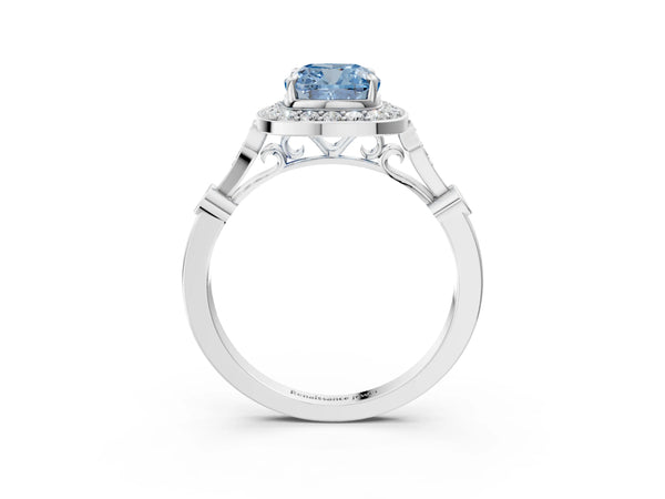 White gold Fancy Blue Cushion  Halo Diamond Engagement Ring with Twisted Band and Four-Prong Setting