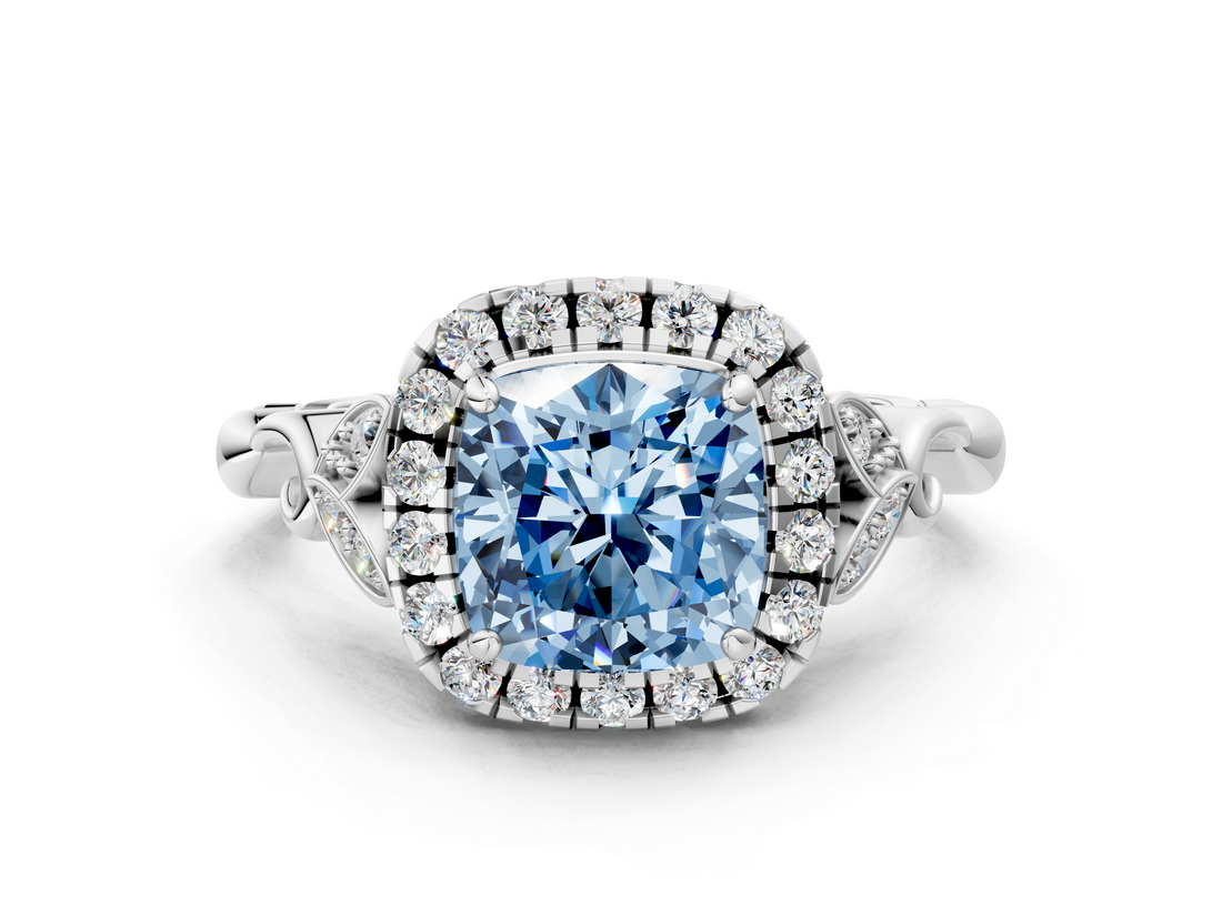 White gold Fancy Blue Cushion  Halo Diamond Engagement Ring with Vintage-Inspired Band and Four-Prong Setting_3