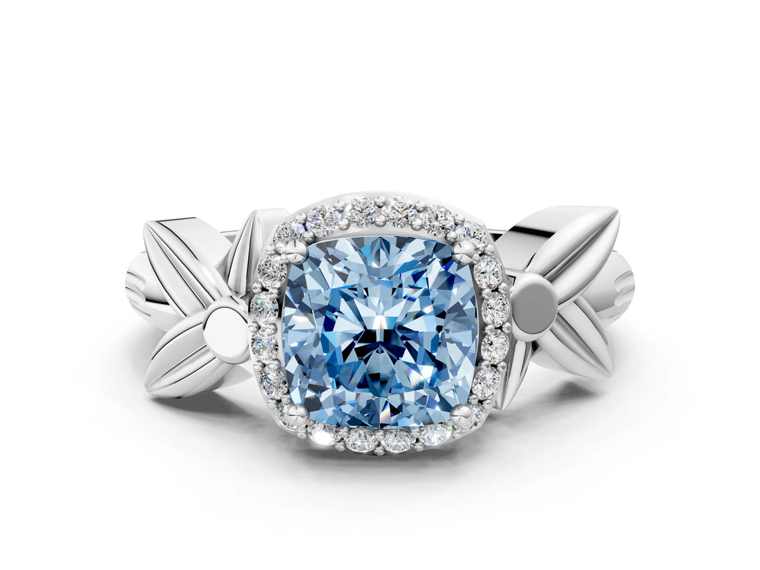 White gold Fancy Blue Cushion  Halo Diamond Floral Band with Four-Prong Setting_56