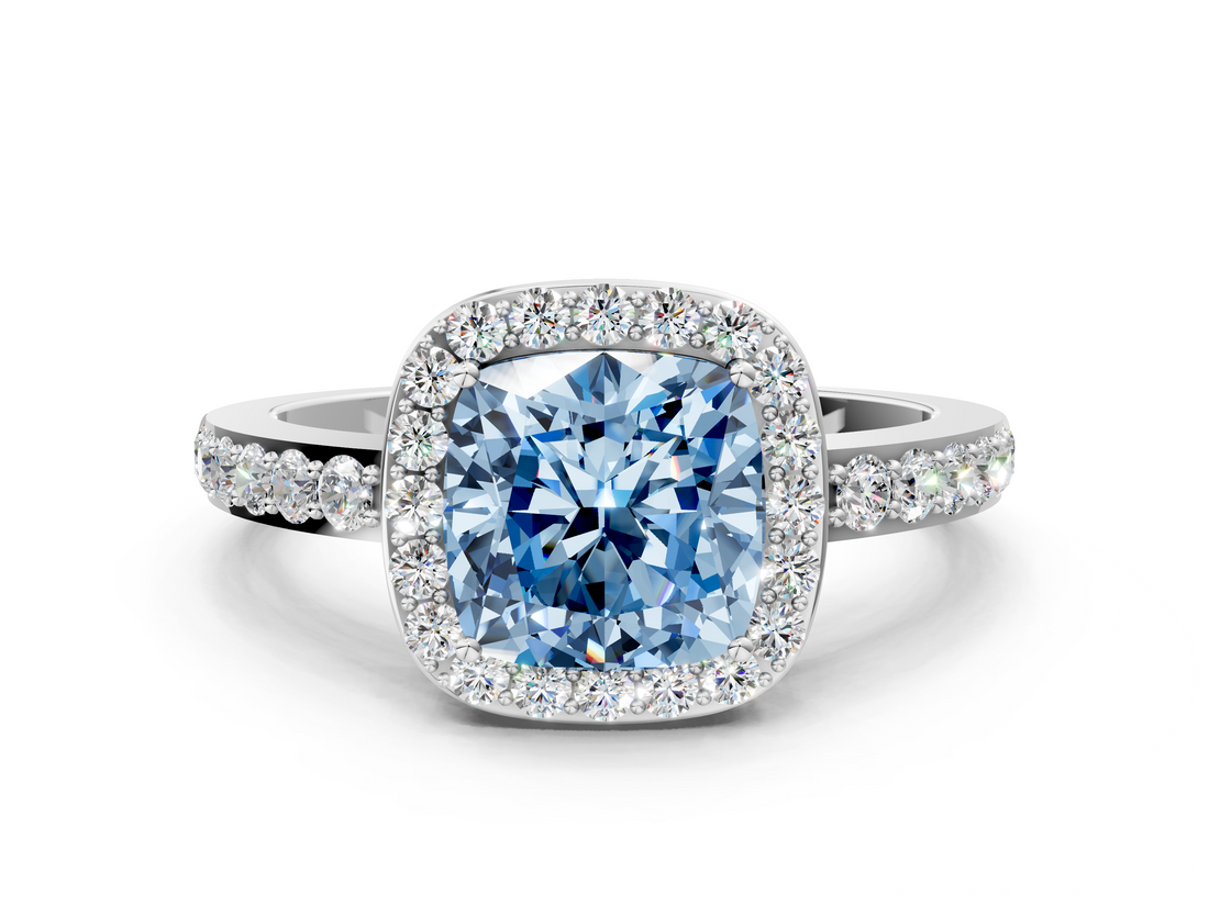 White gold Fancy Blue Cushion  Halo Diamond Pavé Band Ring with Prong Setting_20