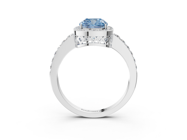 White gold Fancy Blue Cushion  Halo Diamond Pavé Band Ring with Prong Setting