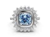 White gold Fancy Blue Cushion  Halo Diamond Ring with Milgrain Edge and Round Prong Setting_38