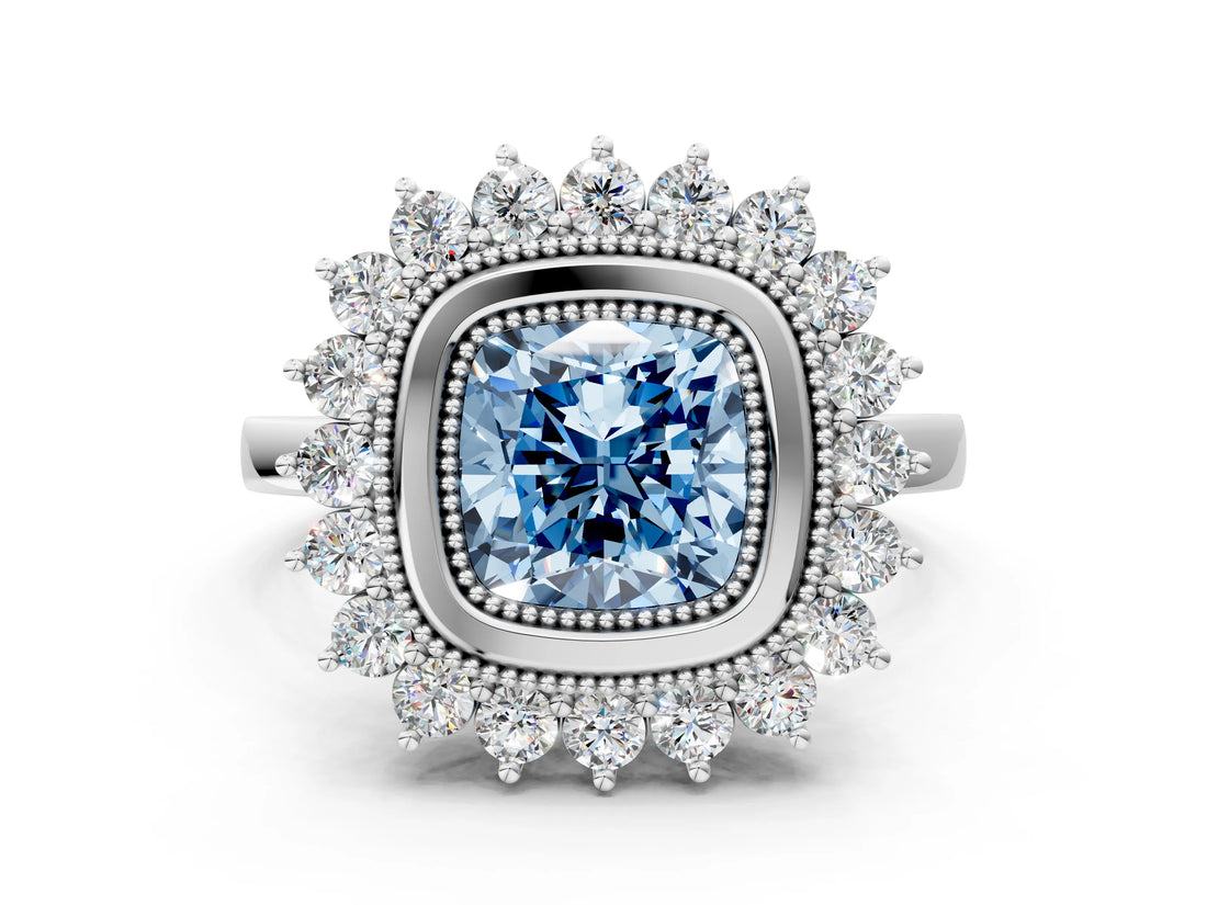 White gold Fancy Blue Cushion  Halo Diamond Ring with Milgrain Edge and Round Prong Setting_38