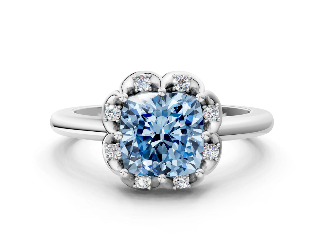 White gold Fancy Blue Cushion  Halo Diamond Ring with Round Cluster Setting, Solitaire Band, and Four-Prong Setting_84