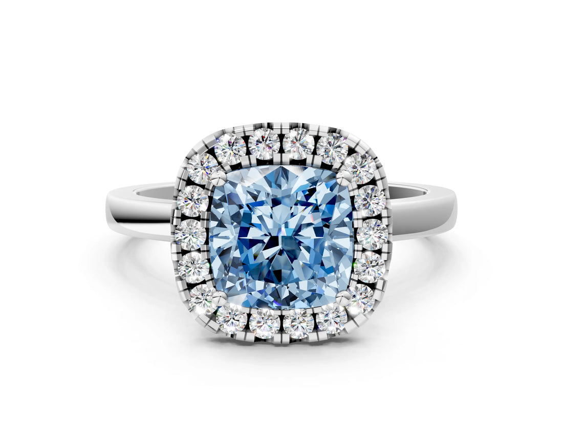 White gold Fancy Blue Cushion  Halo Diamond Solitaire with Pavé Band and Four-Prong Setting_127